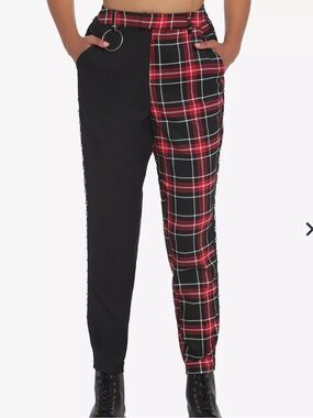 Hot Topic Black And Red Plaid Split Pants Trousers L Chain Punk Emo